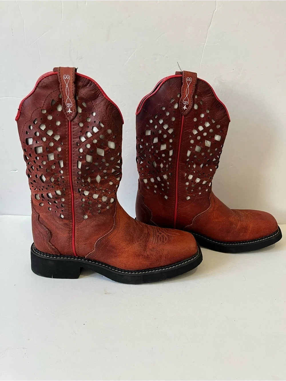 Justin Leather Western Cowboy Boots Women's Red Brown Size 9.5B